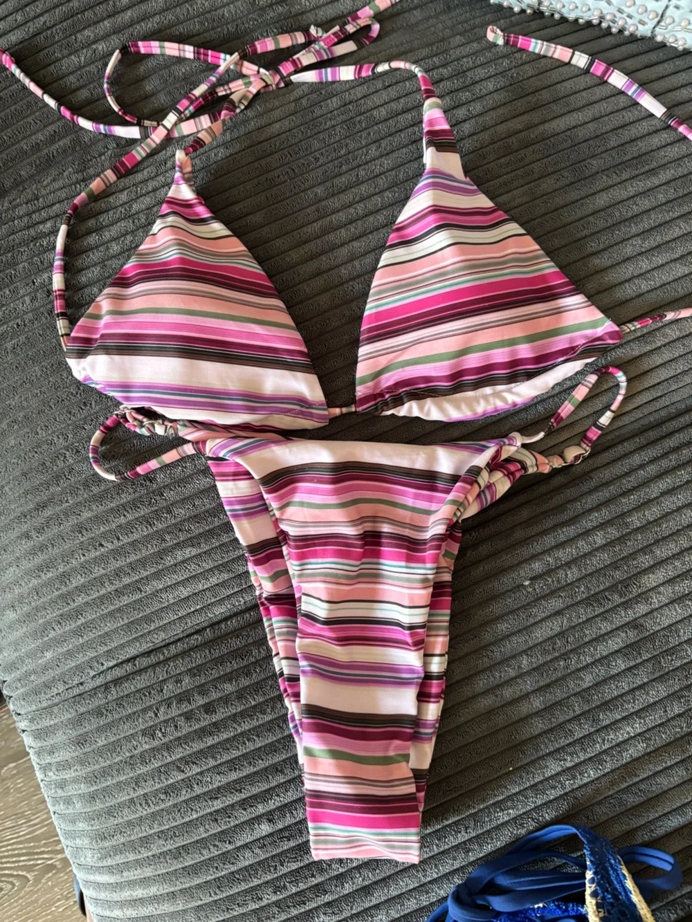 Pink Striped Triangle Bikini Top and Bottom Set